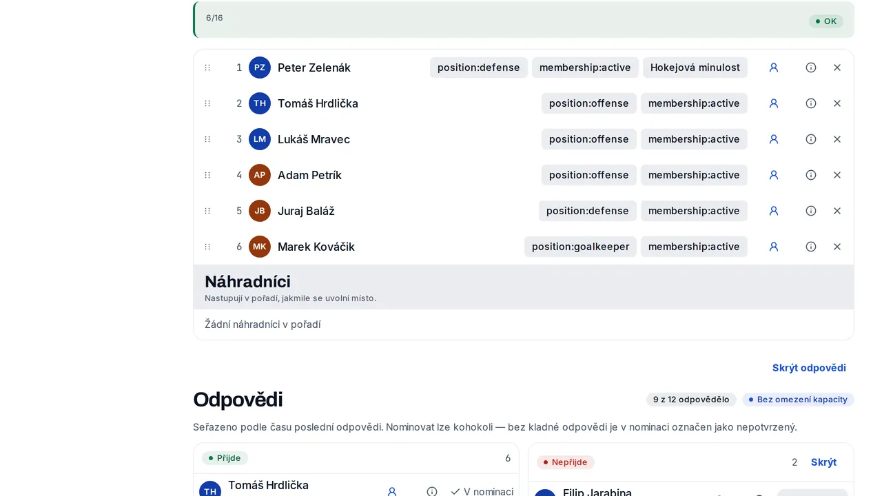 Detail aktivity s odpověďmi na účast a soupiskou