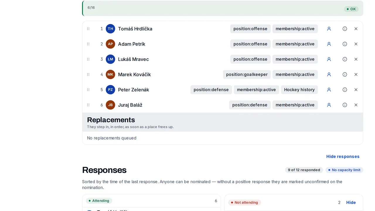 Activity detail with RSVP answers and the roster