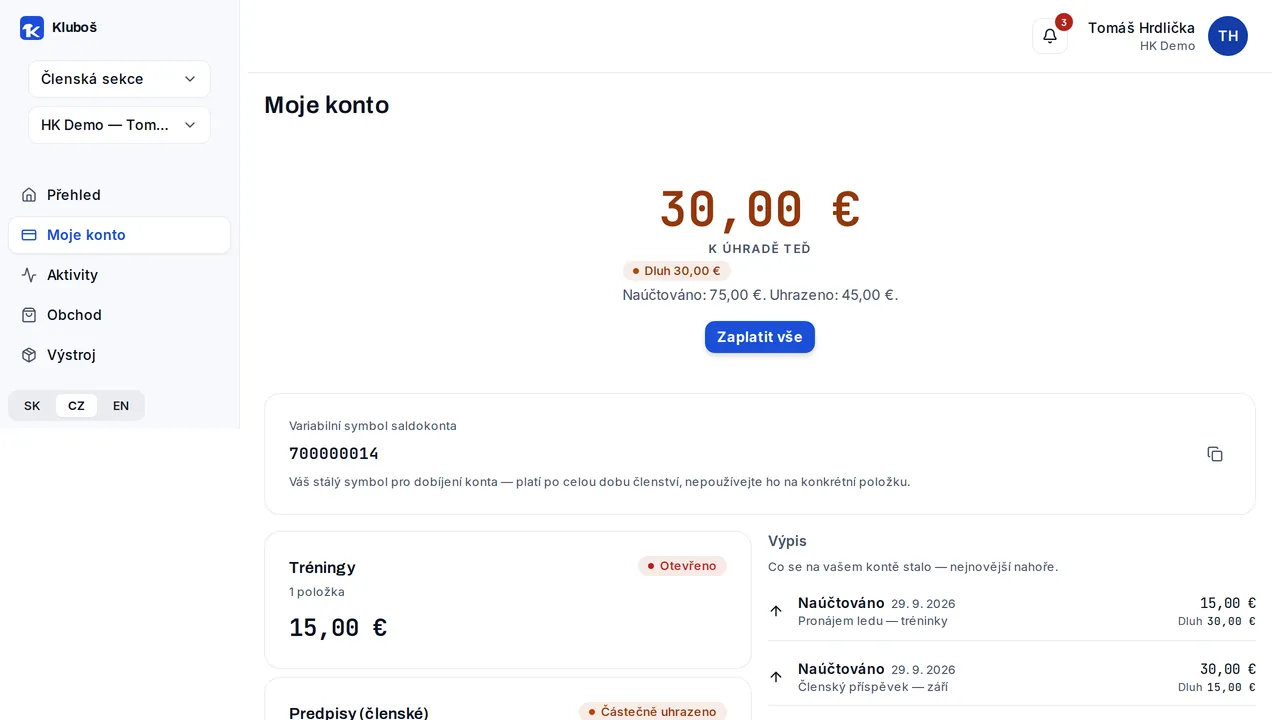Moje konto se saldem člena a QR platbou