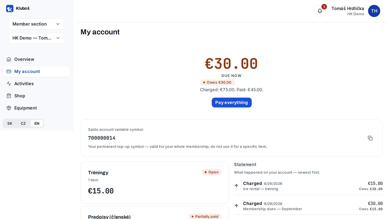 My account showing member balance and QR payment