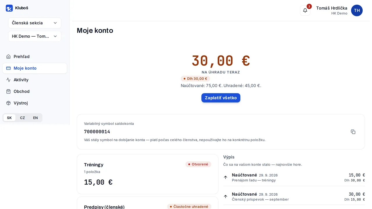 Moje konto so saldom člena a QR platbou