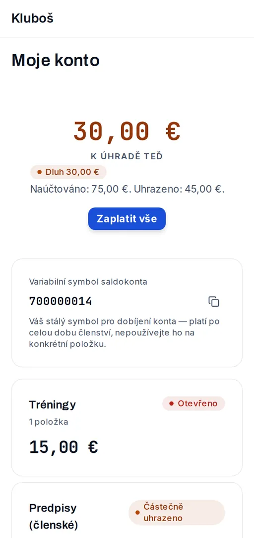 Moje konto v mobilu s QR platbou