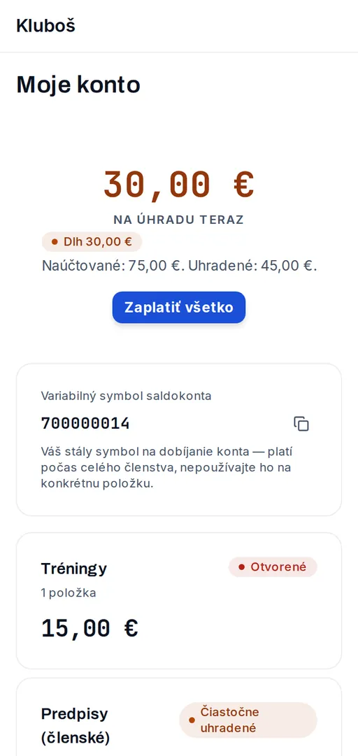 Moje konto v mobile s QR platbou