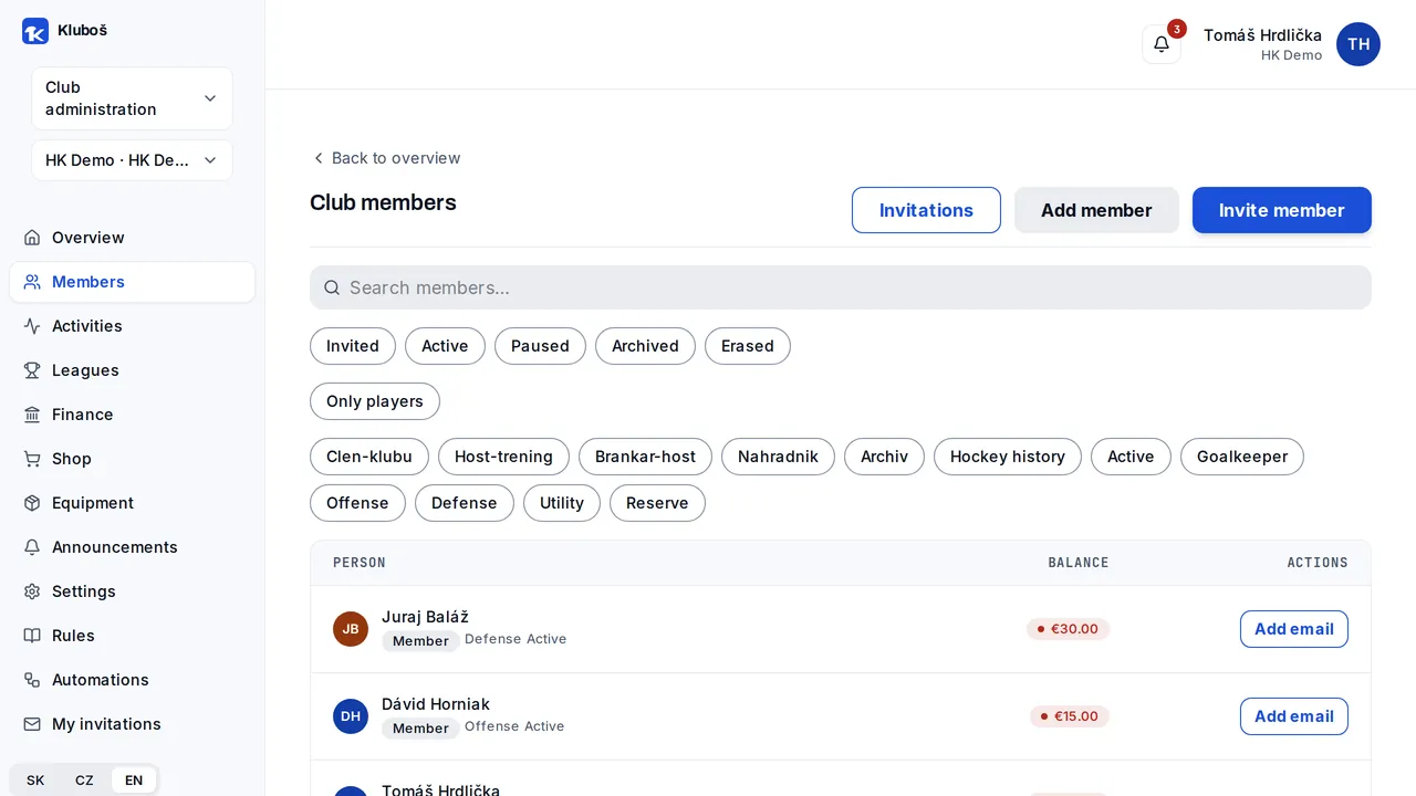 List of club members with tags, roles and payment status