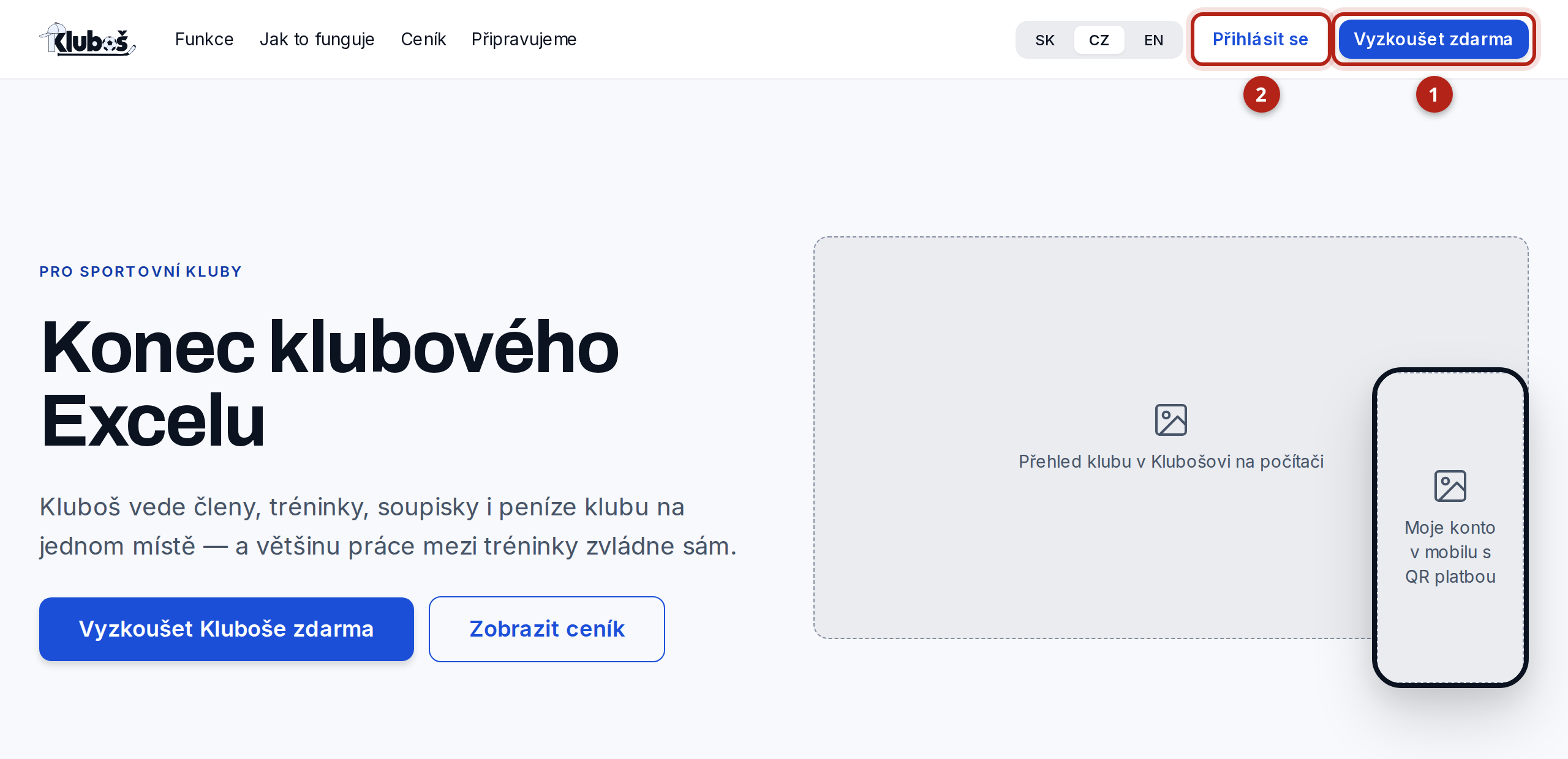 Horní lišta stránky klubos.sk. Zvýrazněná jsou tlačítka „Vyzkoušet zdarma“ a „Přihlásit se“.