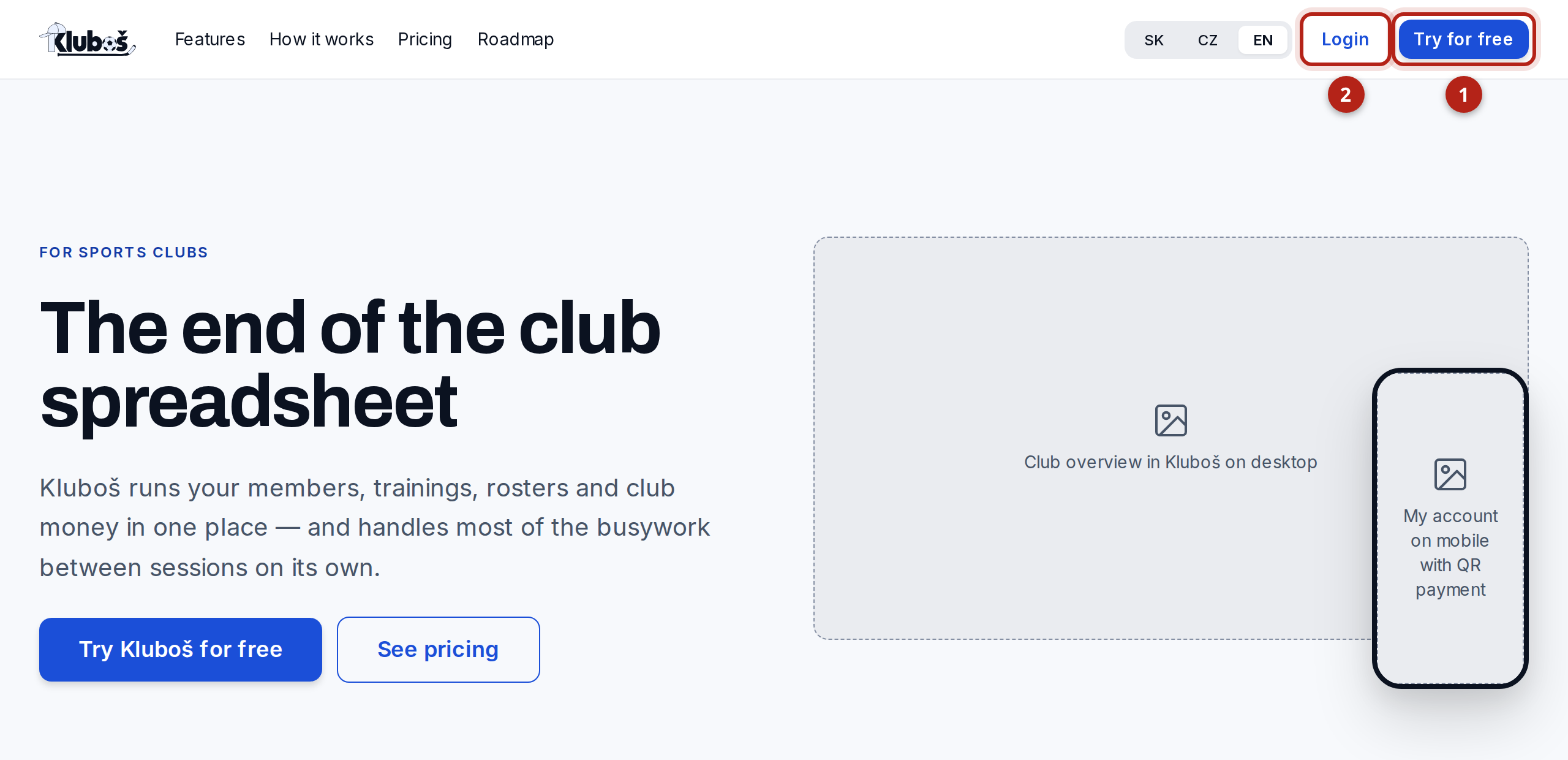 The top bar of klubos.sk. The “Try for free” and “Login” buttons are highlighted.
