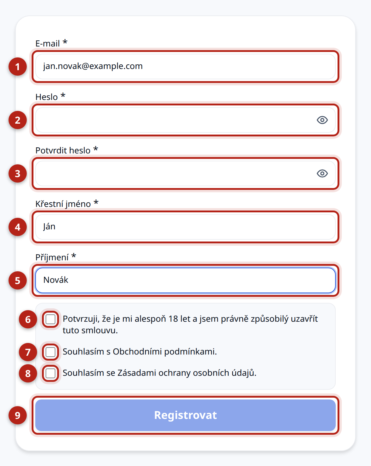 Registrační formulář Kluboše. Zvýrazněná jsou pole E-mail, Heslo, Potvrdit heslo, Křestní jméno a Příjmení, tři zaškrtávací políčka se souhlasy a tlačítko „Registrovat“.