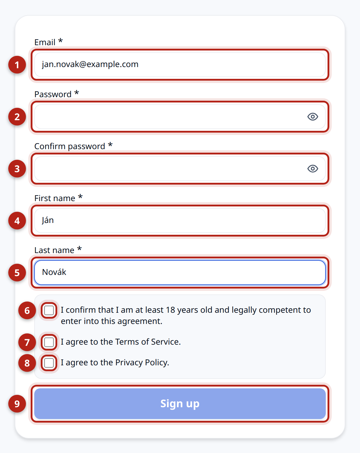 The Kluboš registration form. The Email, Password, Confirm password, First name and Last name fields, three consent checkboxes and the “Register” button are highlighted.