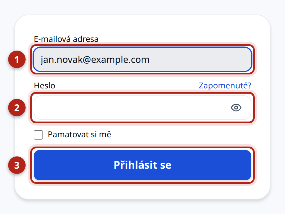 Přihlašovací obrazovka Kluboše. Zvýrazněné je pole „E-mailová adresa“, pole „Heslo“ a tlačítko „Přihlášení“.
