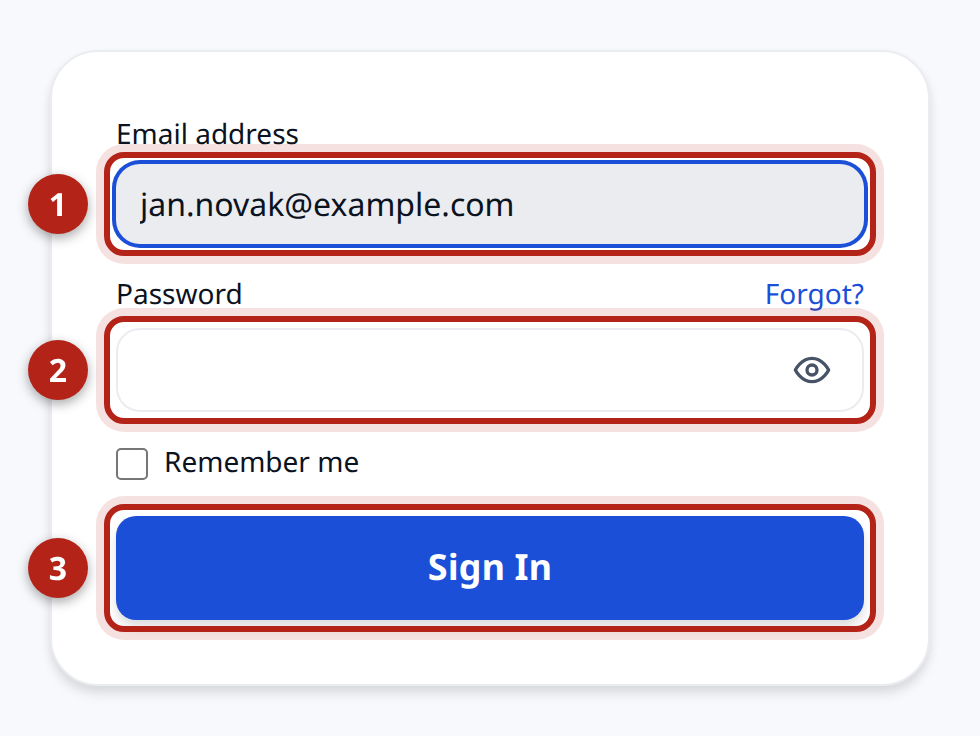 The Kluboš sign-in screen. The “Email address” field, the “Password” field and the “Sign In” button are highlighted.