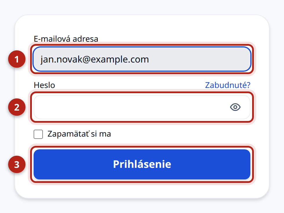 Prihlasovacia obrazovka Kluboša. Zvýraznené je pole „E-mailová adresa“, pole „Heslo“ a tlačidlo „Prihlásenie“.