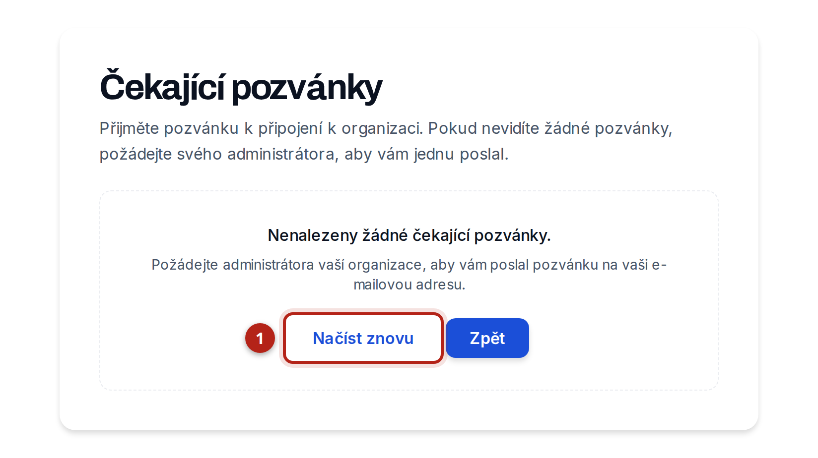 Obrazovka „Čekající pozvánky“ s hláškou, že se nenašly žádné čekající pozvánky. Zvýrazněné je tlačítko „Načíst znovu“.