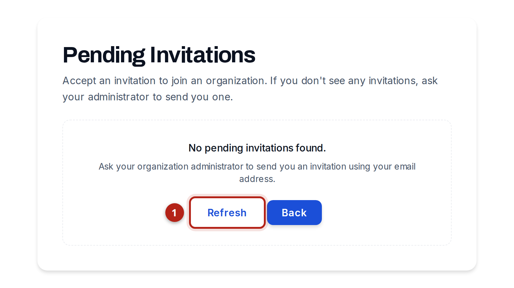 The “Pending Invitations” screen showing that no pending invitations were found. The “Refresh” button is highlighted.