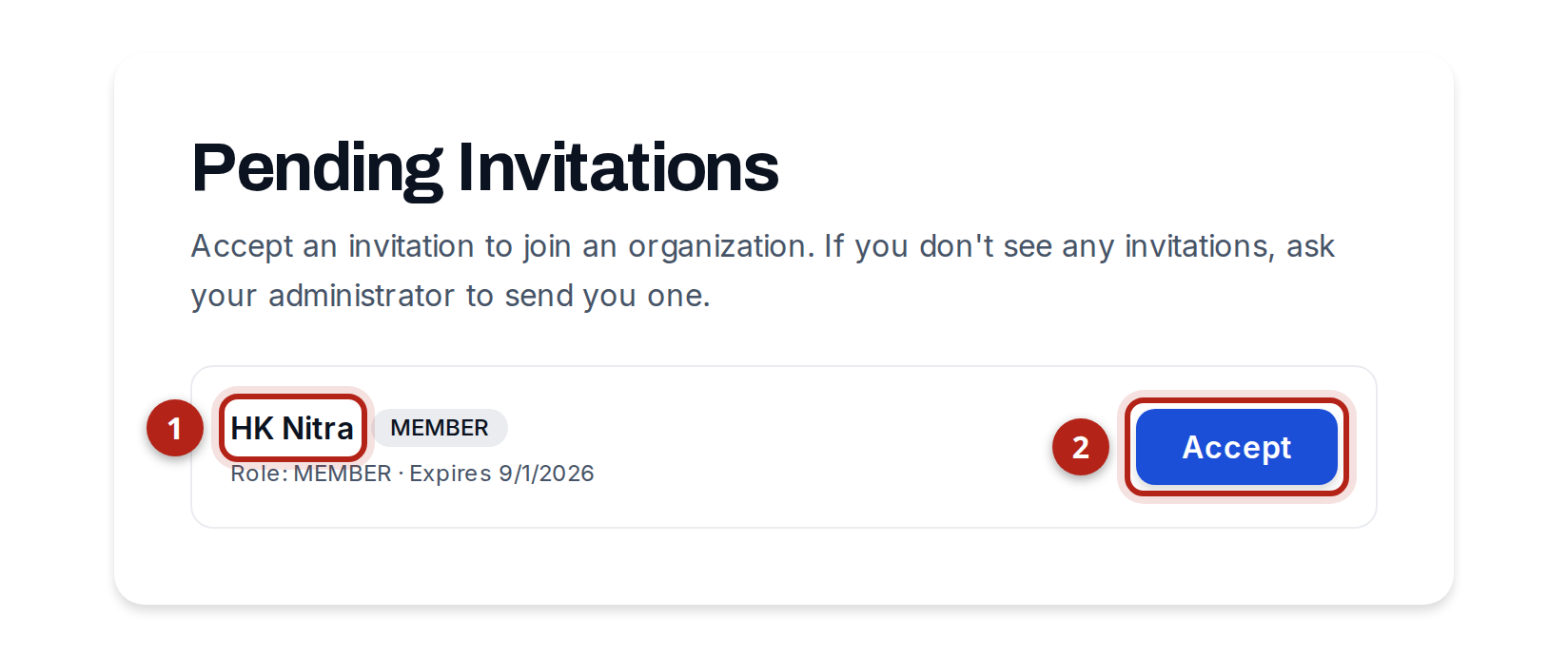 The pending invitations list with one invitation to the club HK Nitra. The club name and the “Accept” button are highlighted.