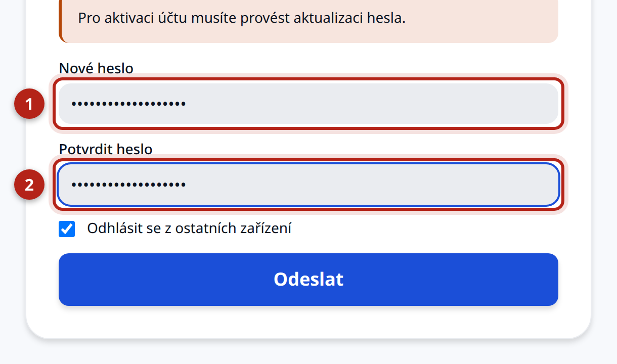 Obrazovka pro vytvoření hesla po potvrzení e-mailu. Zvýrazněné je pole „Heslo“ a pole „Potvrdit heslo“.