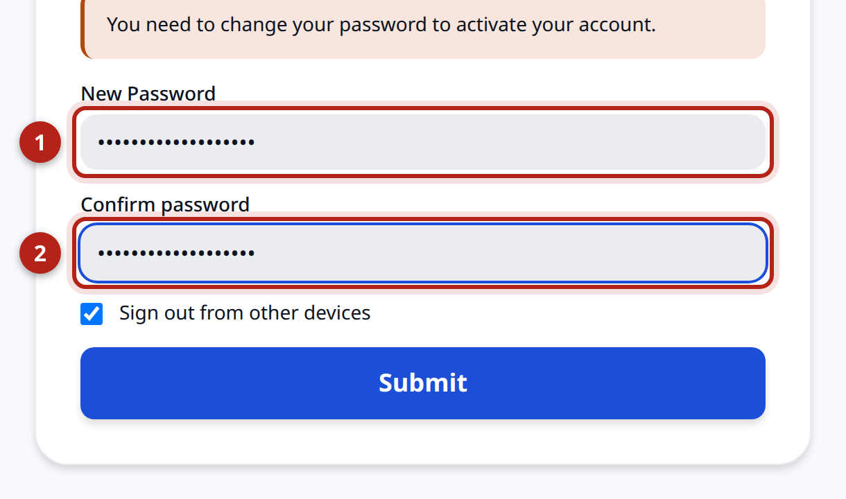 The password-creation screen shown after confirming your e-mail. The “Password” field and the “Confirm password” field are highlighted.